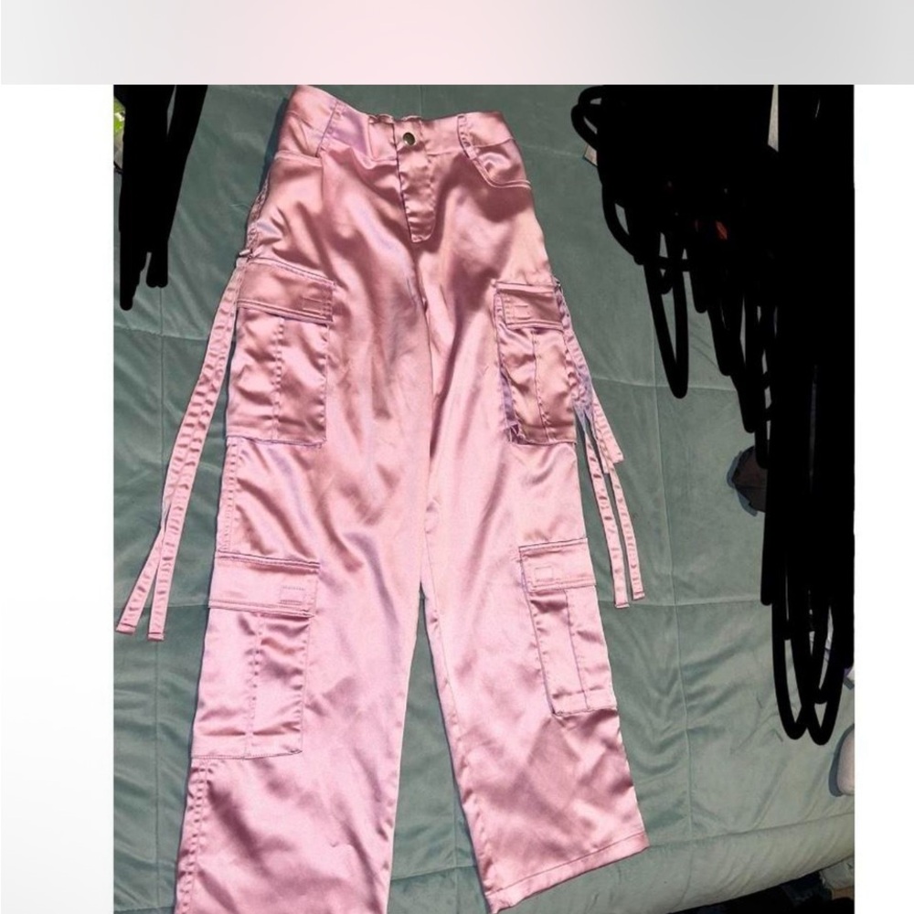 Sugar Thrillz Satin Pink Cargo Wide-Leg Pants